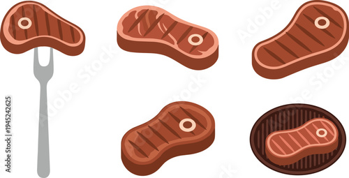 Grilled Steak Meat Collection with BBQ Beef Cuts, Fork, Grill Pan and Juicy Barbecue Food Illustration Vector Set