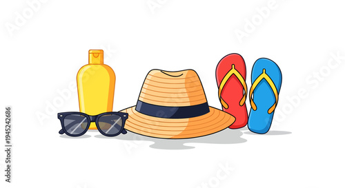 Summer Vacation Accessories with Sunscreen Sunglasses Hat and Flip Flops
