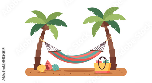 Tropical Beach Scene with a Colorful Hammock Between Two Palm Trees