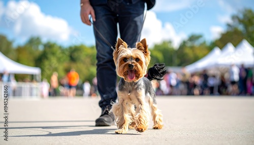 A small dog walking on a pavement with a person