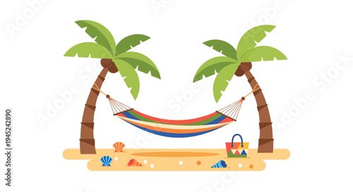 Hammock on Tropical Beach with Palm Trees and Colorful Seashells