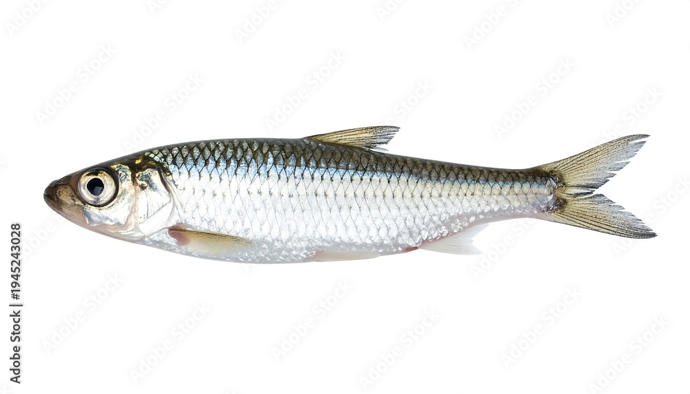 Fototapeta premium A small silver fish with blue and green scales on a white background