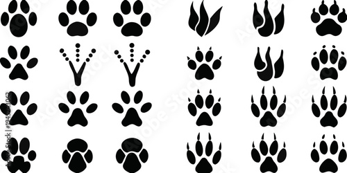 Collection of various animal footprints and paw prints in black