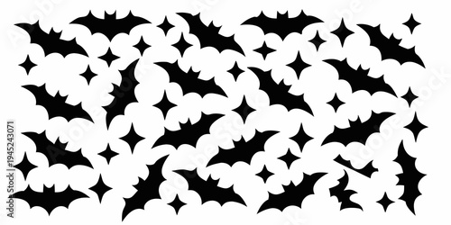 Black silhouettes of bats and stars against a white background