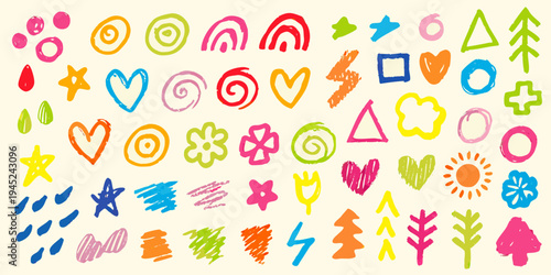 Colorful doodle shapes and patterns resembling children s crayon drawings