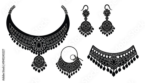 A black jewelry set illustration with intricate designs and tassels