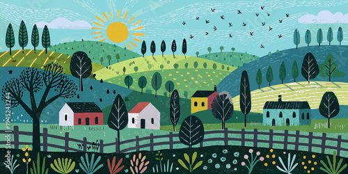 Stylized landscape with rolling hills trees houses and a bright sun