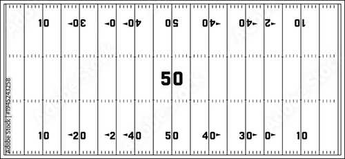 Top view of an American football field layout with white yard lines and yardage markers on a plain background for sports design and stadium concept
