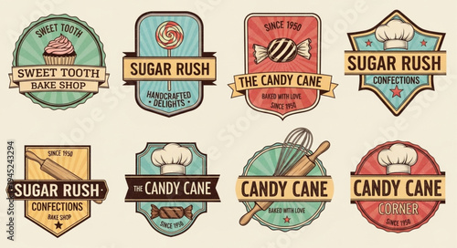 Collection of vintage-style candy and dessert shop logo designs with various sweets and treats.
