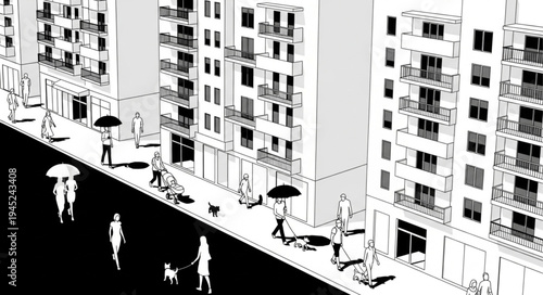 Urban Street Scene with Pedestrians and Buildings in Black and White.