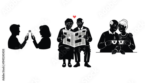 Love couple silhouette vector illustration set for romantic designs