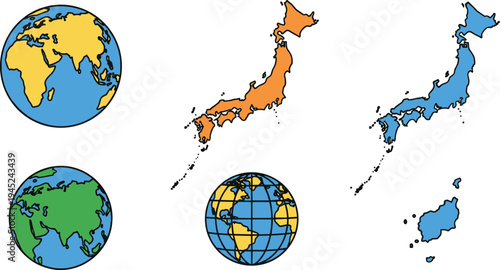 Japan Map and World Globe Icon Set with Geographic Earth Illustrations Showing Asia Region, Country Outline, and Planet Geography Vector Collection