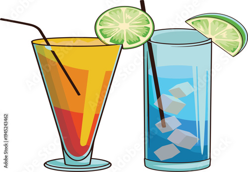Two Colorful Summer Mocktails with Lime Garnish and Ice Cubes in Glassware with Straws Isolated on White Background for Tropical Bar Menu Design Illustration