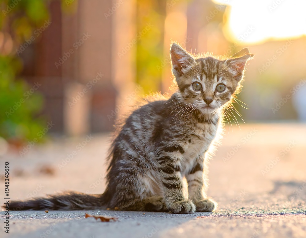 Obraz premium A small tabby kitten sitting on a sidewalk
