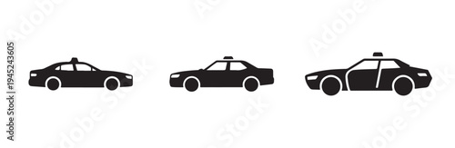 Police car icons set showing various patrol vehicle side views in black solid vector design