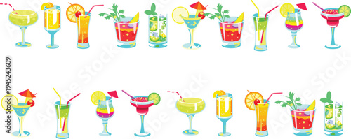 Vector illustration of assorted colorful cocktails in unique glasses with fruit garnishes, umbrellas, straws, and herbs, symbolizing summer refreshment, party 
