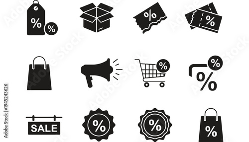 Sale icons and symbols in black silhouette on white background