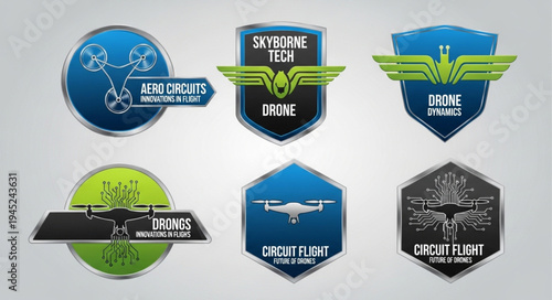 Collection of drone-themed logo designs featuring stylized drones and wings, set against circular, shield, and hexagonal backgrounds with varied color schemes.