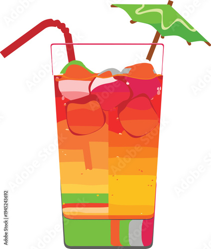 Vector illustration of colorful layered tropical cocktail in tall glass with umbrella, straw, ice cubes, symbolizing summer refreshment, vacation beverage, party artwork, and exotic drink design