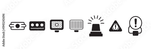 Industrial alarm and indicator light symbols for safety dashboard system vector illustration