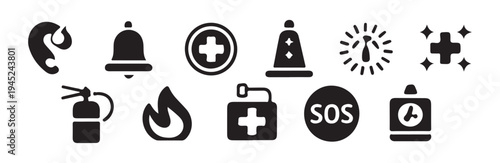 Emergency and warning icons set showing various alert symbols fire and medical assistance