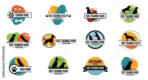 Collection of dog-themed logo designs for pet-related businesses.