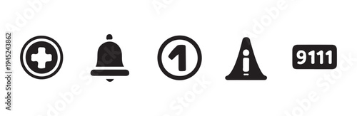Set of emergency alert icons including medical symbol bell alert triangle and number sign