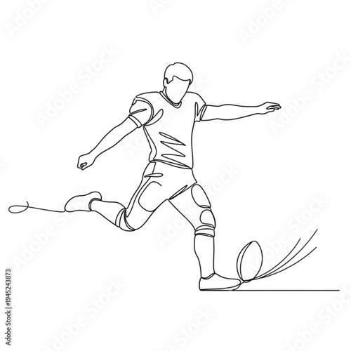 A minimalist line art illustration of a soccer player kicking a ball in a dynamic pose