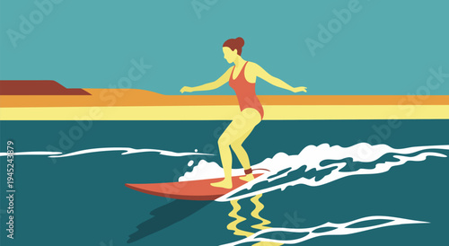 Summer Surfing Adventure Vector Illustration A Woman Riding Waves and Enjoying a Coastal Beach Vacation