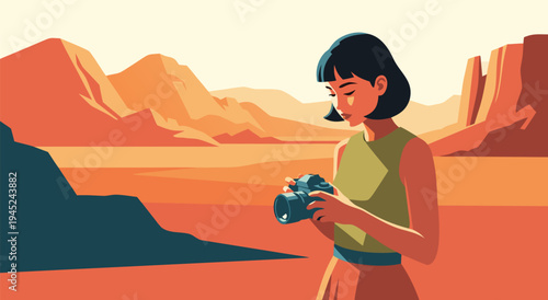 Vector illustration of a woman holding a camera in a desert landscape with mountains and a warm, vibrant sky