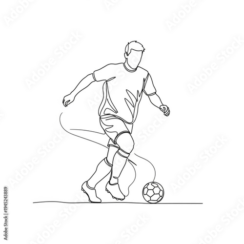 A minimalist line art illustration of a soccer player kicking a ball in a dynamic pose