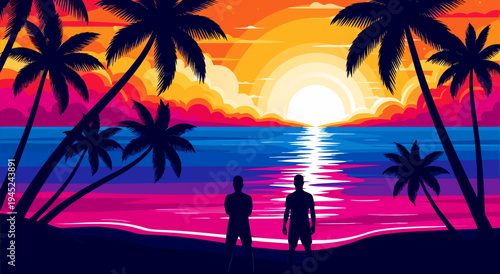 Vibrant Sunset Over Tropical Beach with Palm Trees, A Serene Vector Illustration Capturing Two Silhouettes Admiring the Scenic Coastal View