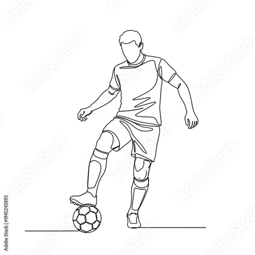 A minimalist line art illustration of a soccer player skillfully controlling a ball with his foot