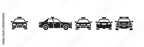 Police car icons set showing front and side view vehicle silhouettes for law enforcement app