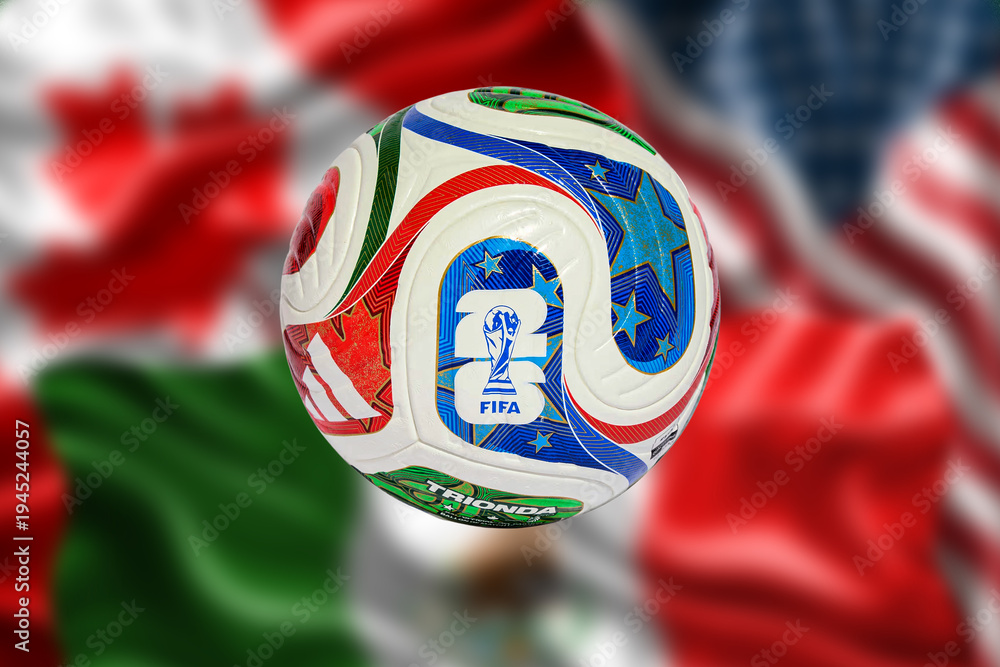 Fototapeta premium Adidas Trionda, official match ball for FIFA World Cup 2026 over blurred Mexico, USA and Canada flags, the three host nations of the tournament.