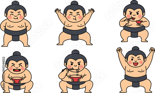 Cute Cartoon Sumo Wrestler Pose Collection with Japanese Sumo Fighter Characters Eating Ramen and Celebrating Victory Vector Illustration Set