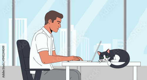 Man Working on Laptop with Cat in Office Setting - Vector Illustration