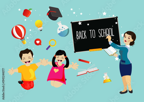 Schoolchildren Group With Teacher Classroom Back To School Education Banner Flat Vector Illustration