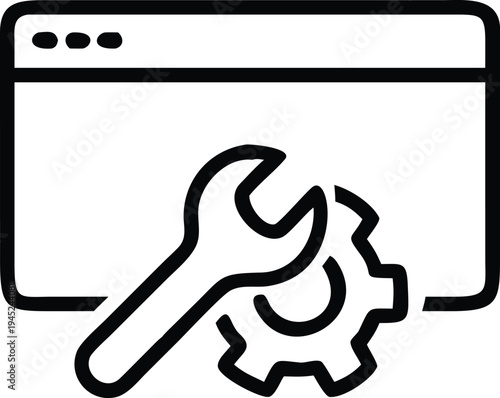 Black vector icon of a browser window with wrench and gear for website maintenance