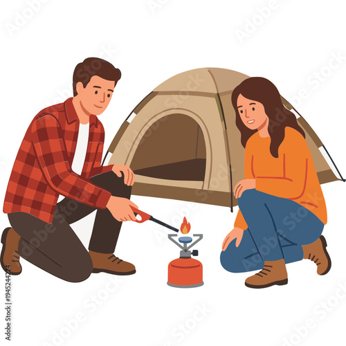 Couple camping outdoors setting up tent and preparing food on portable stove