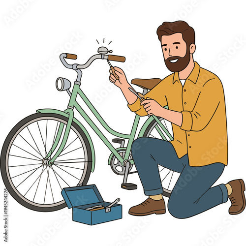 Man repairing bicycle handlebars with tools nearby indoors