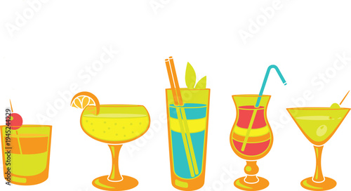 Vector illustration of five colorful cocktails in unique glasses with fruit garnishes, straws, herbs, and decorative elements, symbolizing summer refreshment, party drinks, mixology artwork, and 