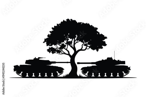 Black silhouette of a tree overshadowing two military tanks