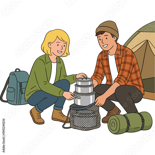 Two campers cooking outdoors near a tent with gear