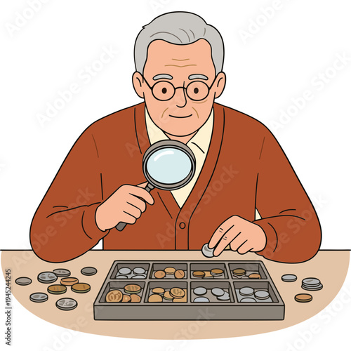 An elderly man examines coins with a magnifying glass on a table.