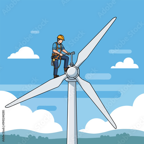 Technician climbs wind turbine for maintenance outdoors