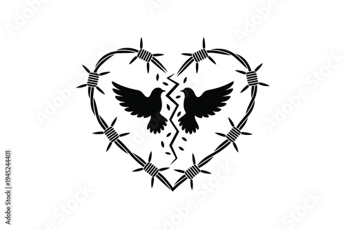 Broken heart illustration featuring two birds and barbed wire