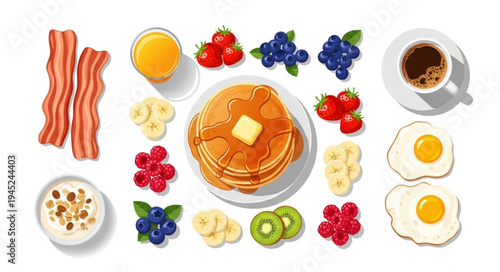 Delicious Breakfast Spread with Pancakes, Bacon, Eggs, and Fresh Fruits.