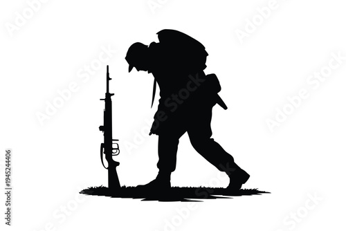 Silhouette of a soldier with rifle against a stark white background