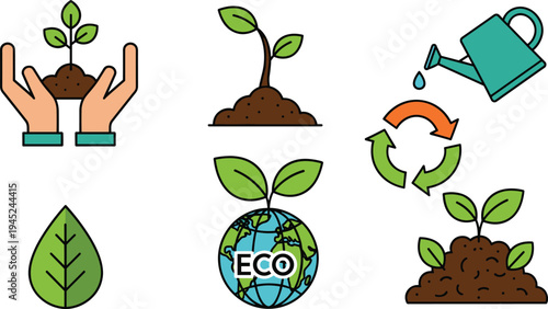 Eco Environment and Sustainable Growth Vector Set with Plant Sprout Watering Can Recycling Arrows Earth Globe and Green Leaf Icons